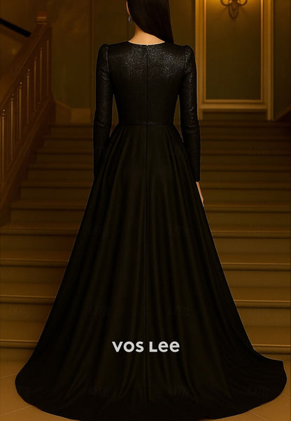 Sequin V Neck A-Line Long Sleeve Pleat Satin Evening Gown