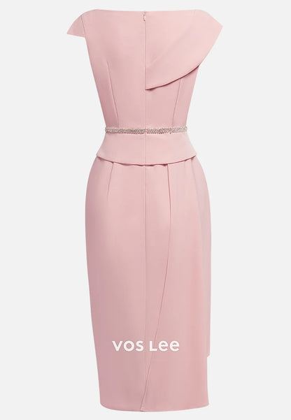 Simple & Classic Cap Sleeves Sheath Rhinestone Tea-Length Wedding Guest Dresses
