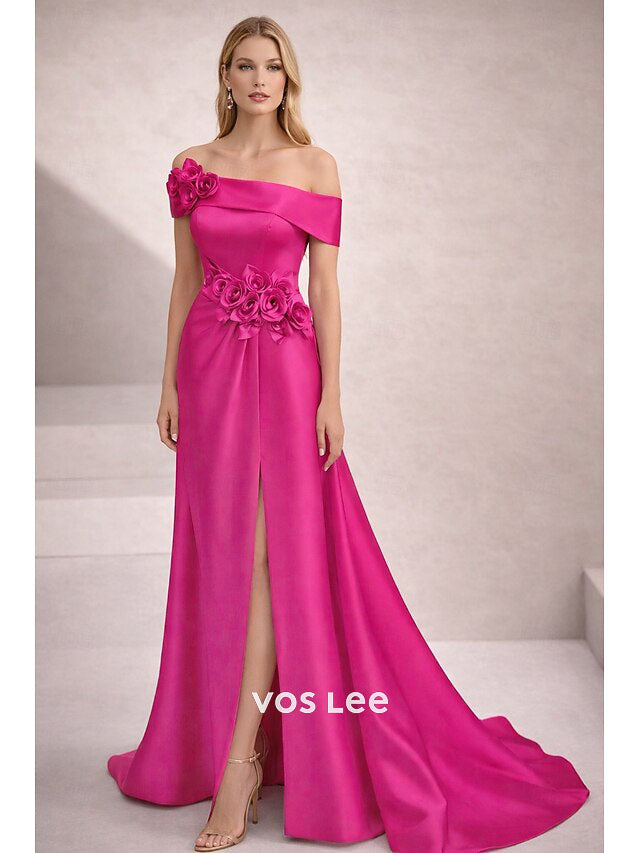 Off-the-Shoulder Mermaid Gown – Satin Formal Dress with 3D Floral Appliqué & High Slit