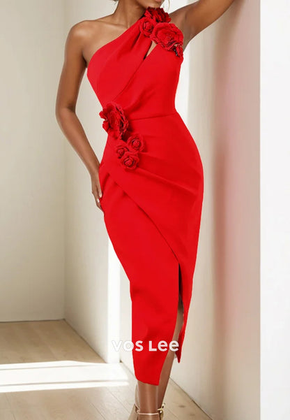 One Shoulder Floral Embellished Pleated Tea-Length Sheath Party Dresses with Split