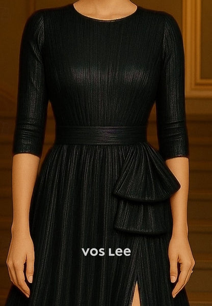 Elegant Gold O- Neck Split A-Line Long Evening Gowns