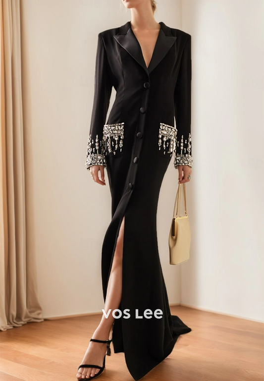 Glamorous & Dramatic Black V-Neck Rhinestone Long Sleeves Evening Dress