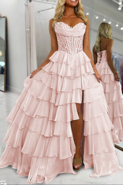 Pink Strapless A Line Chiffon Ruffled Prom Dresses With Appliques