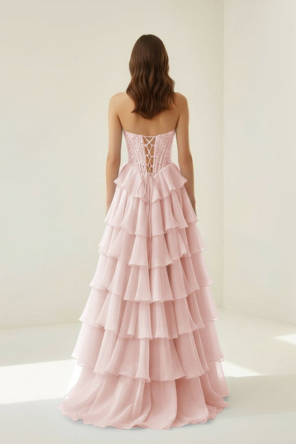 Pink Strapless A Line Chiffon Ruffled Prom Dresses With Appliques