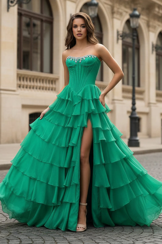 Green Scoop Neck A Line Chiffon Ruffled Prom Dresses With Beading