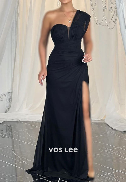 Classic & Timeless One Shoulder Floor-Length Pleated Sheath Evening Dresses with Side Spilt