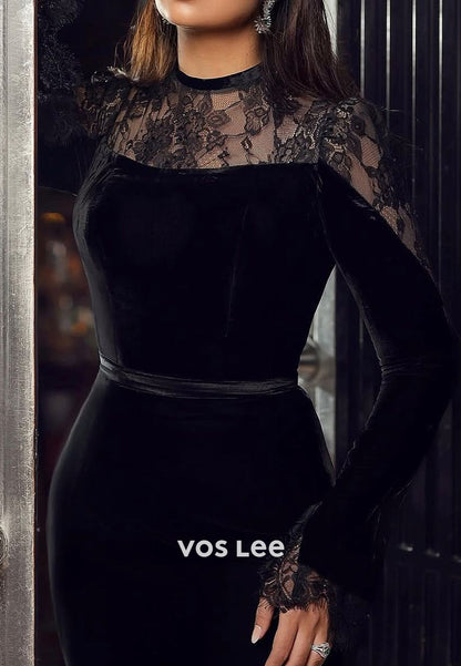 Long Sleeve Illusion Neck Appliques Lace Velvet Floor-Length Mermaid Evening Dresses