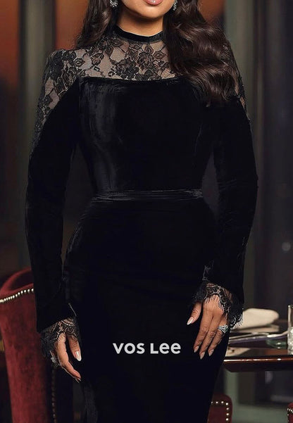 Long Sleeve Illusion Neck Appliques Lace Velvet Floor-Length Mermaid Evening Dresses