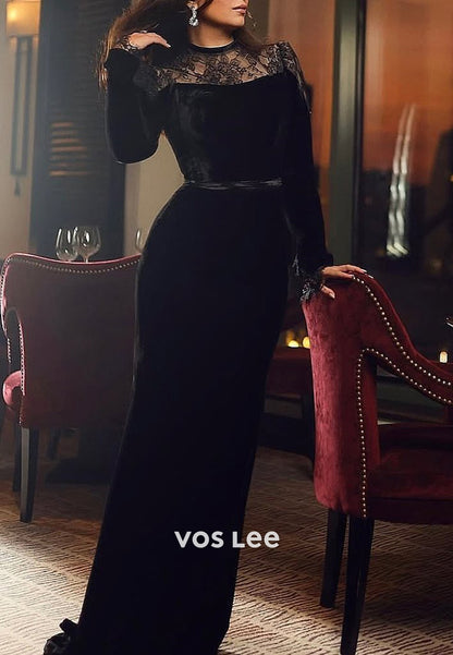 Long Sleeve Illusion Neck Appliques Lace Velvet Floor-Length Mermaid Evening Dresses