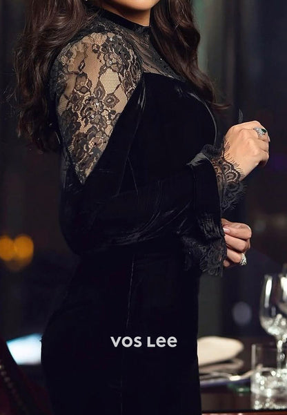 Long Sleeve Illusion Neck Appliques Lace Velvet Floor-Length Mermaid Evening Dresses