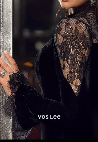 Long Sleeve Illusion Neck Appliques Lace Velvet Floor-Length Mermaid Evening Dresses