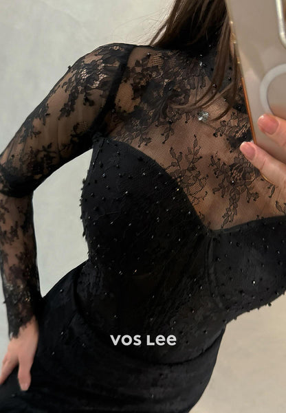 Long Sleeve Illusion Neck Appliques Lace Long Mermaid Evening Dresses with High Split