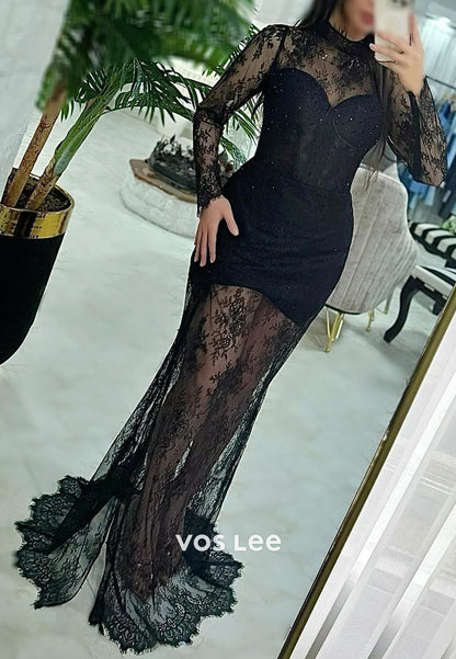 Long Sleeve Illusion Neck Appliques Lace Long Mermaid Evening Dresses with High Split