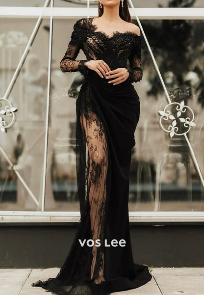 Long Sleeve One Shoulder Lace Beaded High Split Evening Dresses with Sweep Train