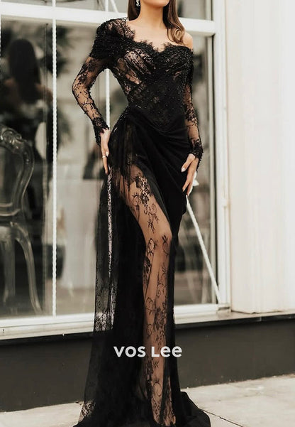 Long Sleeve One Shoulder Lace Beaded High Split Evening Dresses with Sweep Train