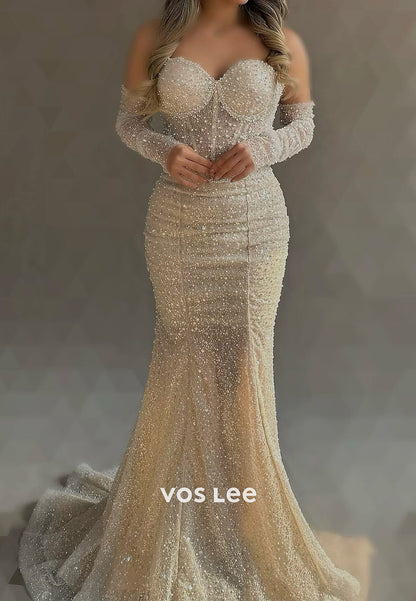 Long Sleeve Off the Shoulder Fully Beaded Sequins Trumpet Evening Dresses with Sweep Train
