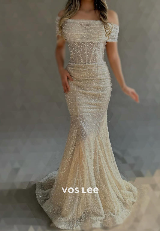 Long Sleeve Off the Shoulder Fully Beaded Sequins Trumpet Evening Dresses with Sweep Train