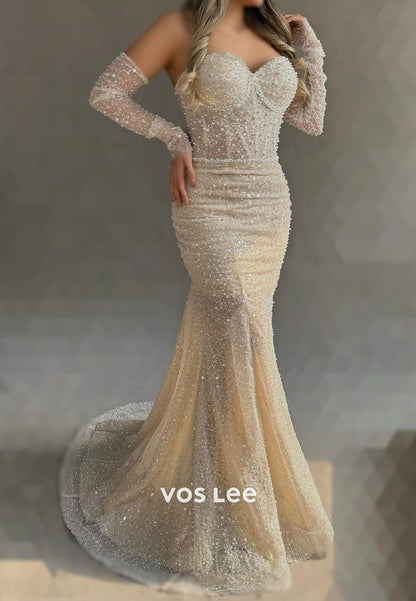 Long Sleeve Off the Shoulder Fully Beaded Sequins Trumpet Evening Dresses with Sweep Train