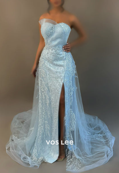 A-Line Sky Blue Strapless Sweetheart Beaded Appliqued Evening Dresses with Court Train