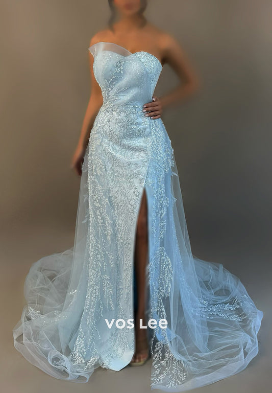 A-Line Sky Blue Strapless Sweetheart Beaded Appliqued Evening Dresses with Court Train