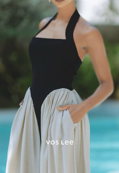 Sexy and Sleek A-Line Halter Ankle-Length Pleated Long Evening Dresses with Pockets