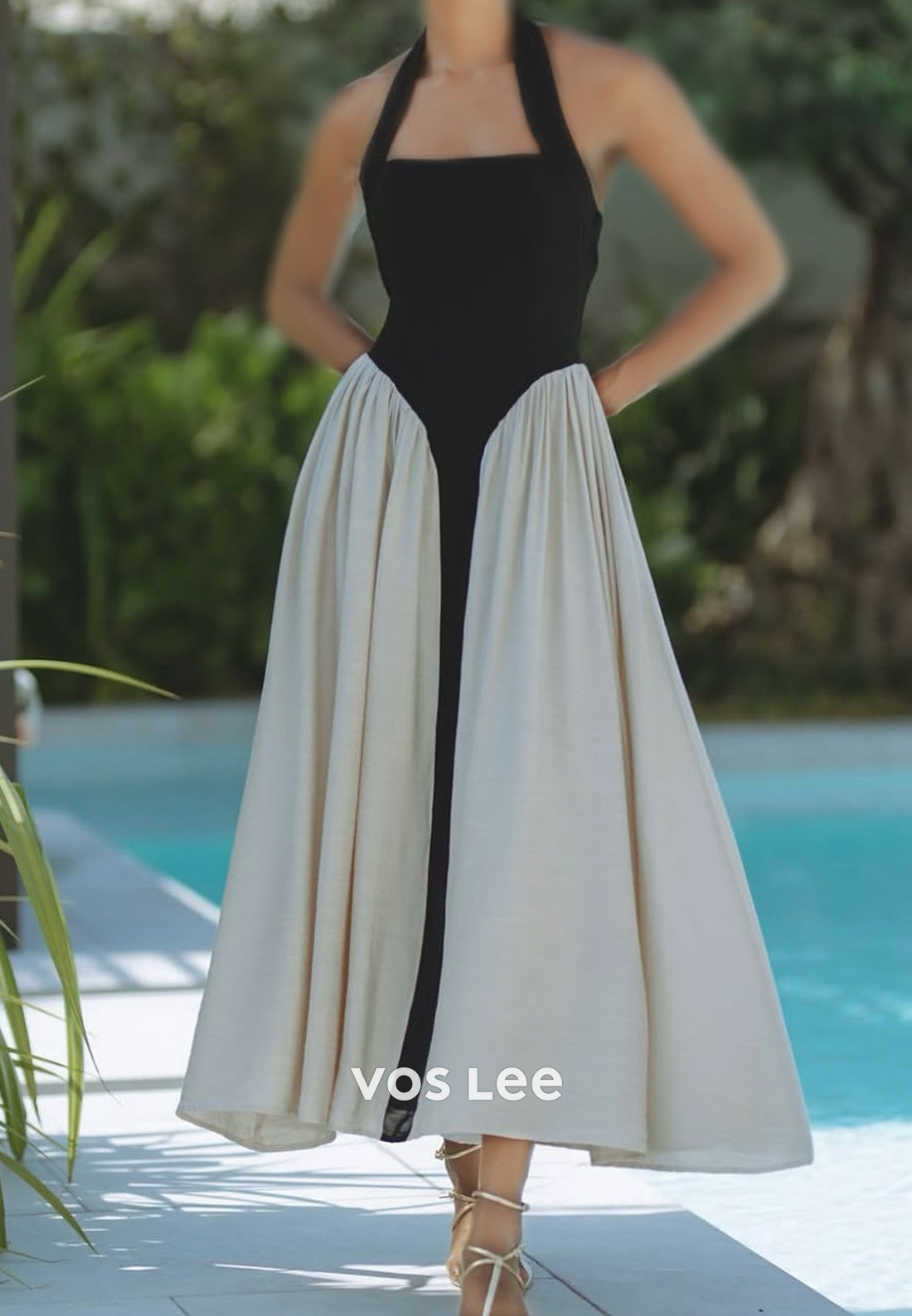 Sexy and Sleek A-Line Halter Ankle-Length Pleated Long Evening Dresses with Pockets