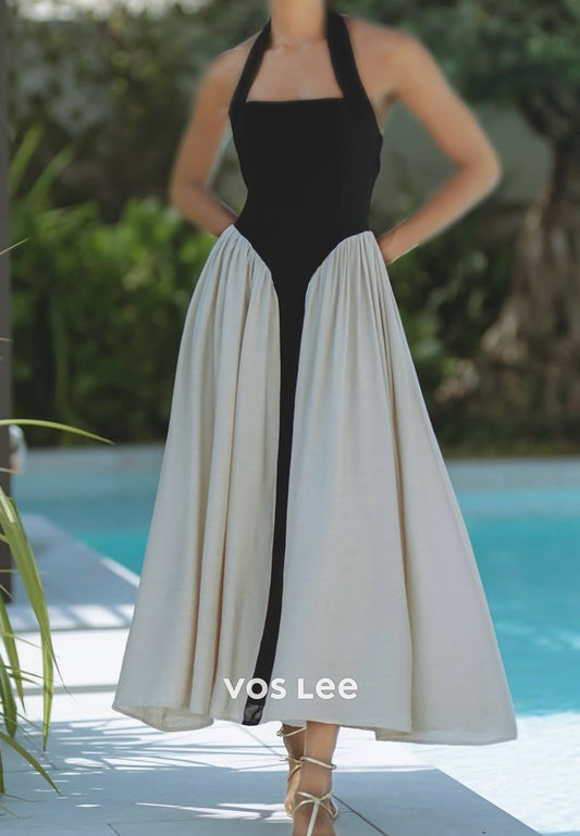 Sexy and Sleek A-Line Halter Ankle-Length Pleated Long Evening Dresses with Pockets