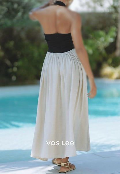 Sexy and Sleek A-Line Halter Ankle-Length Pleated Long Evening Dresses with Pockets