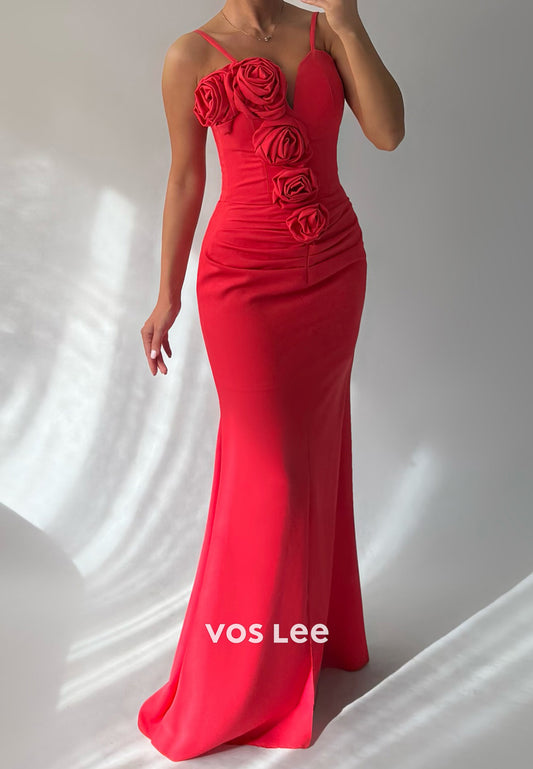 Spaghetti Straps Sweetheart Flowers Pleated Mermaid Evening Dresses Prom Dresses