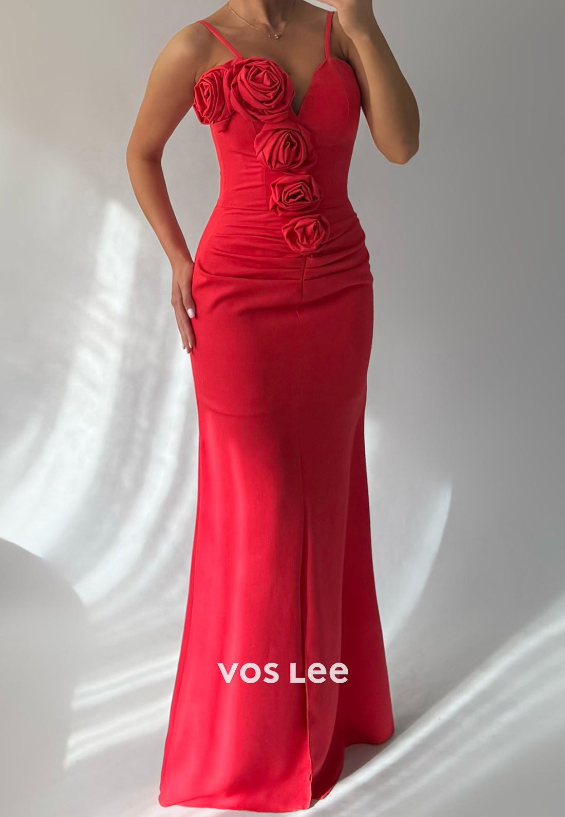 Spaghetti Straps Sweetheart Flowers Pleated Mermaid Evening Dresses Prom Dresses