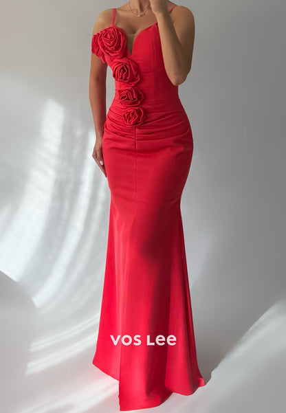 Spaghetti Straps Sweetheart Flowers Pleated Mermaid Evening Dresses Prom Dresses