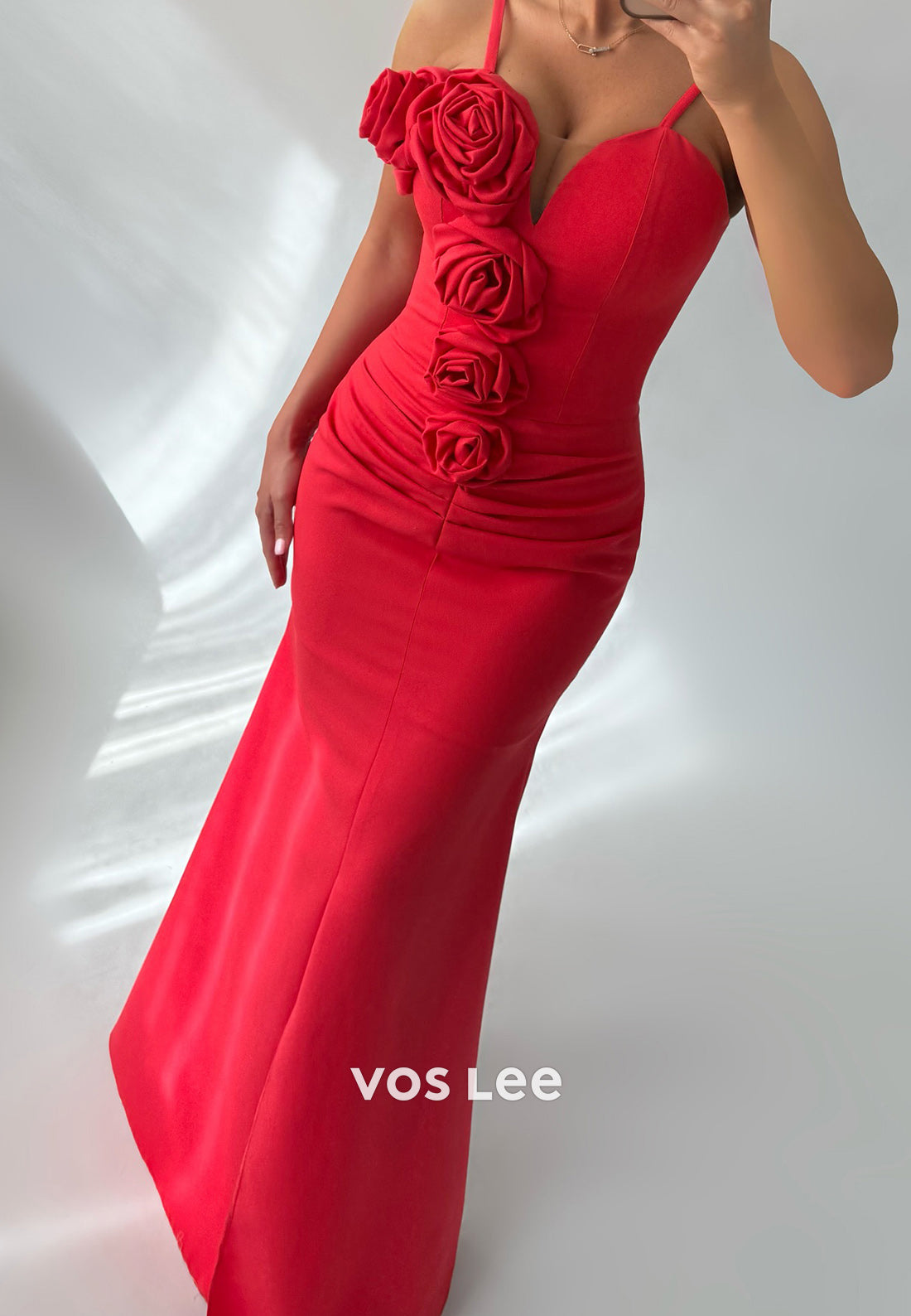 Spaghetti Straps Sweetheart Flowers Pleated Mermaid Evening Dresses Prom Dresses