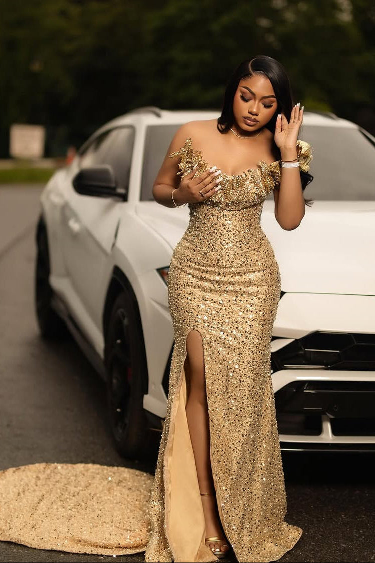 Romantic Gold Strapless Sleeveless Sequins Prom Dresses Mermaid Gem With High Split