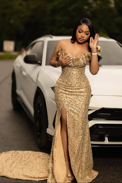 Romantic Gold Strapless Sleeveless Sequins Prom Dresses Mermaid Gem With High Split