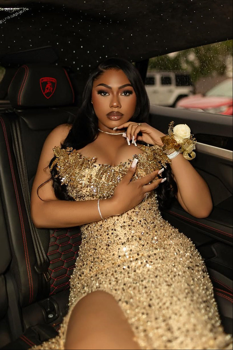 Romantic Gold Strapless Sleeveless Sequins Prom Dresses Mermaid Gem With High Split