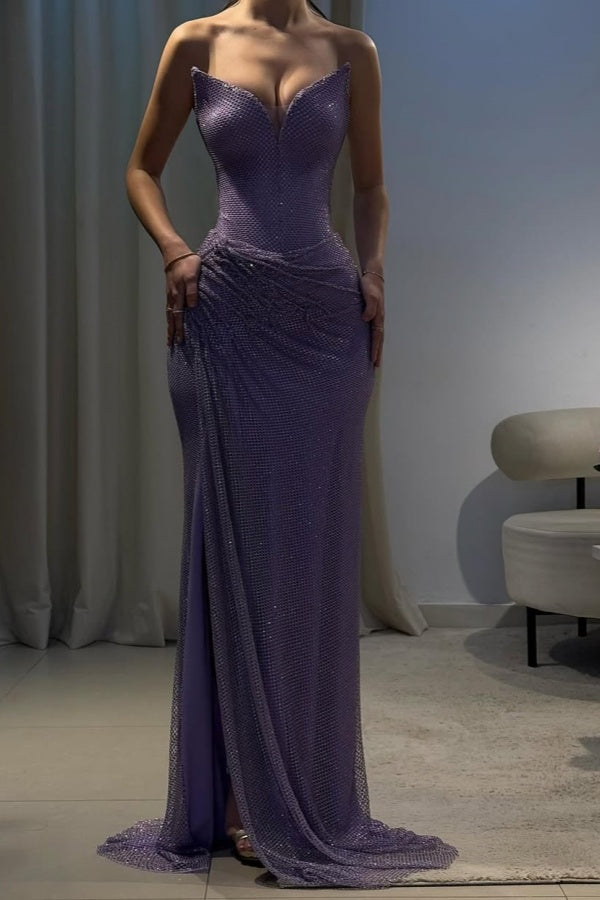 Romantic Lilac V-Neck Strapless Sleeveless Prom Dress Mermaid High Split With Lace-Up Back