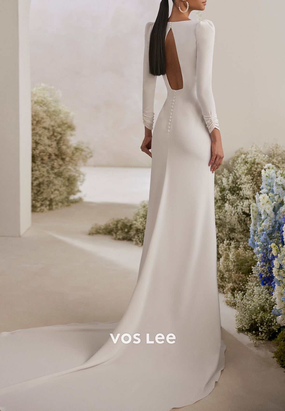 Sexy & Hot Long Sleeve V Neck Split Pleated Mermaid Wedding Dresses with Sweep Train