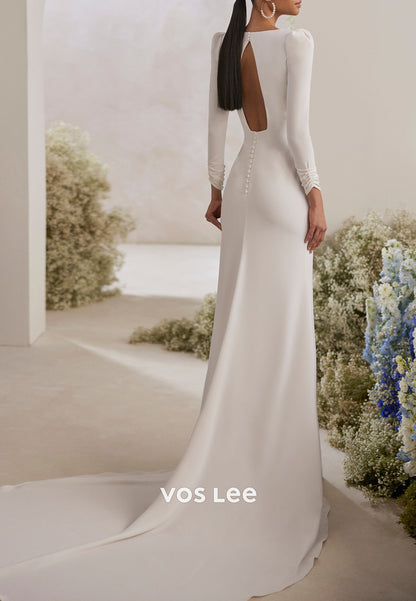 Sexy & Hot Long Sleeve V Neck Split Pleated Mermaid Wedding Dresses with Sweep Train