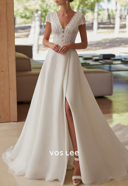 Elegant & Luxurious A-Line Short Sleeve V Neck Pleated Wedding Dresses with Chapel Train