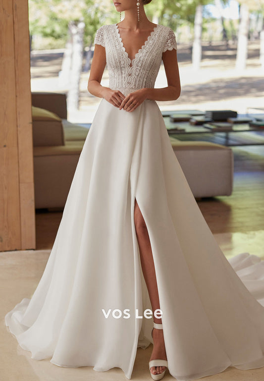 Elegant & Luxurious A-Line Short Sleeve V Neck Pleated Wedding Dresses with Chapel Train