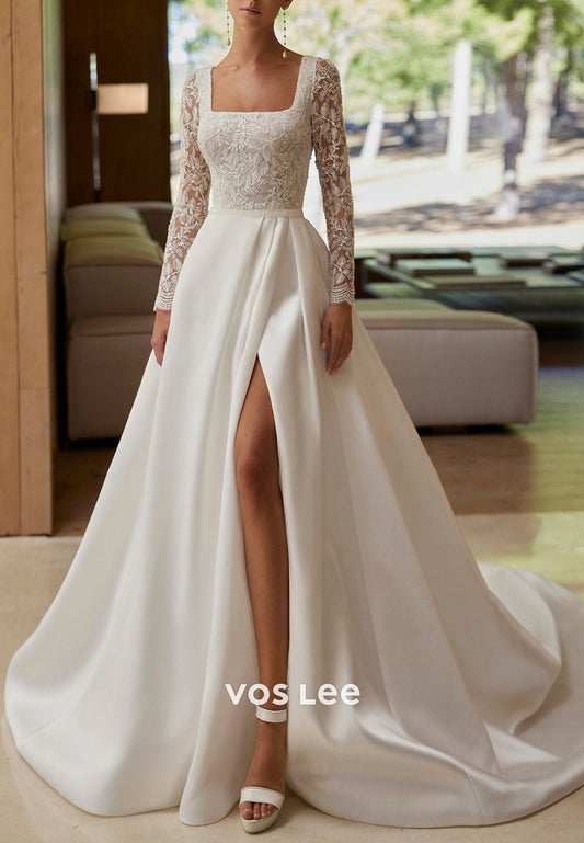 Long Sleeve Square Appliques Lace Flowers Pleated Wedding Dresses with Court Train