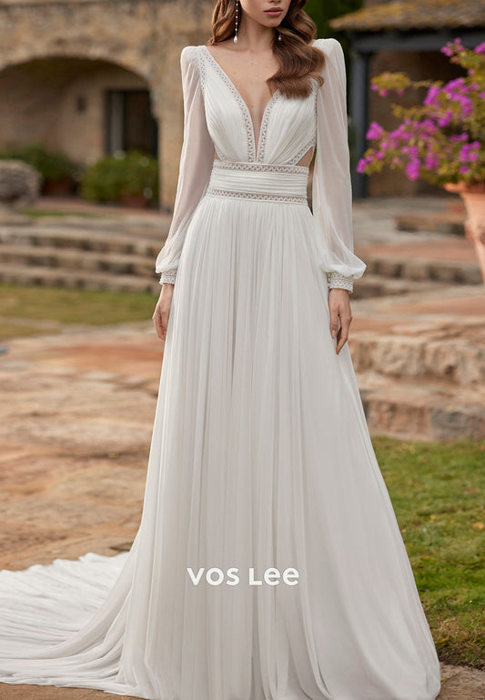 A-Line Long Sleeve Plunging-V Neck Beaded Pleated Wedding Dresses with Court Train