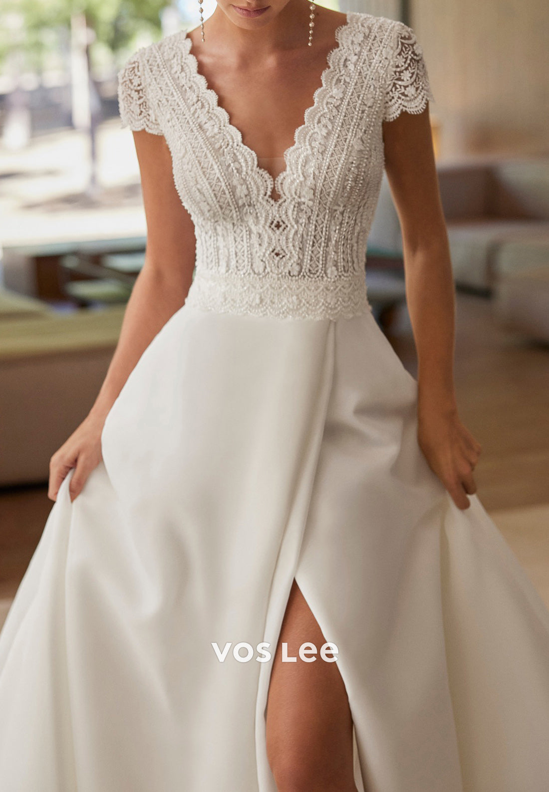 Elegant & Luxurious A-Line Short Sleeve V Neck Pleated Wedding Dresses with Chapel Train