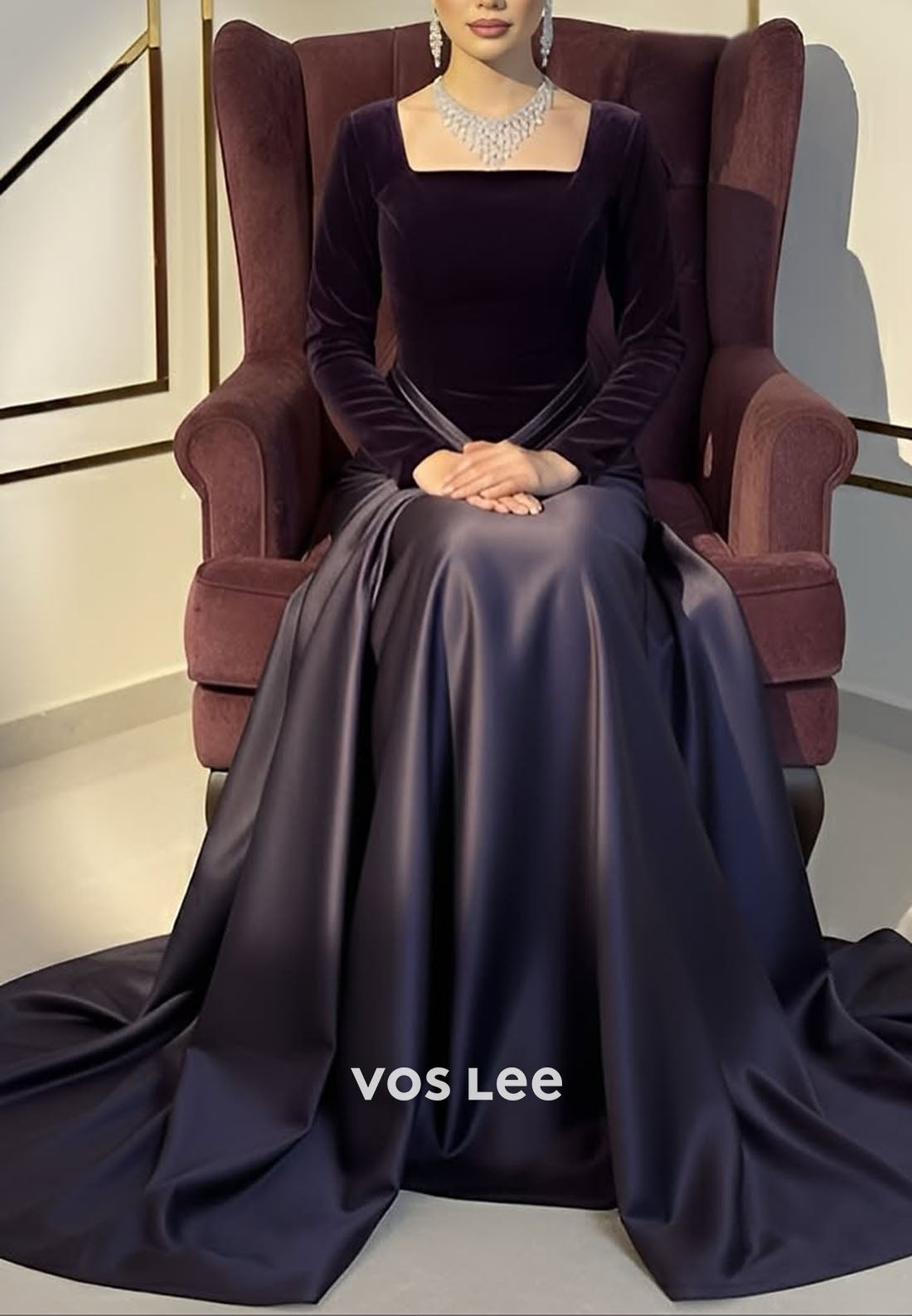 Elegant Velvet Square Neck Long Sleeves Evening Dresses A Line Formal Dress