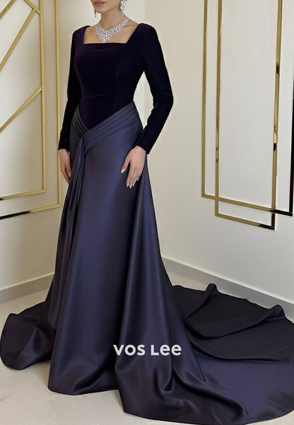 Elegant Velvet Square Neck Long Sleeves Evening Dresses A Line Formal Dress