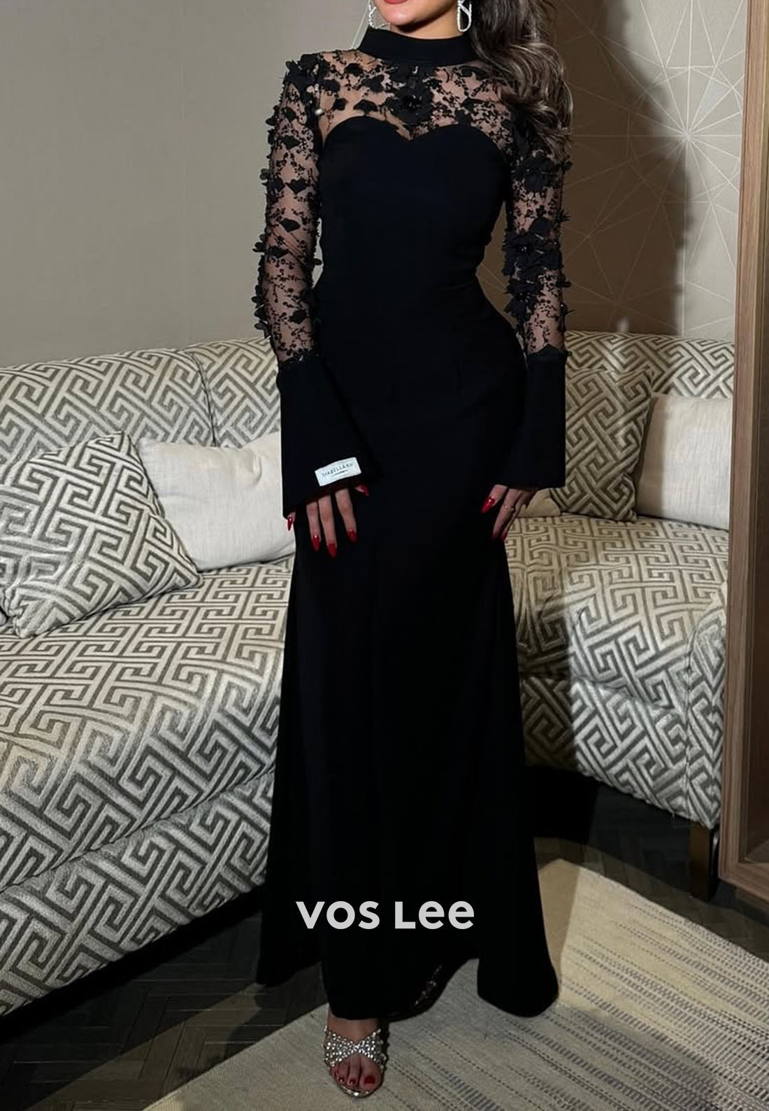 Black Mermaid Evening Dresses Lace Appliques Long Sleeves Party Dress