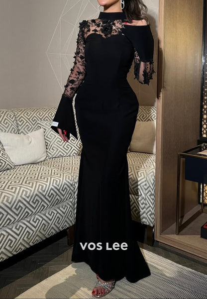 Black Mermaid Evening Dresses Lace Appliques Long Sleeves Party Dress