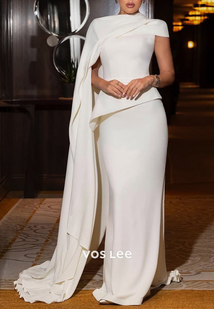 Elegant White O-Neck Cap Sleeve Evening Dress Sweep Train Formal Gowns