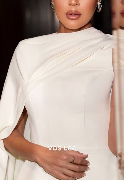 Elegant White O-Neck Cap Sleeve Evening Dress Sweep Train Formal Gowns