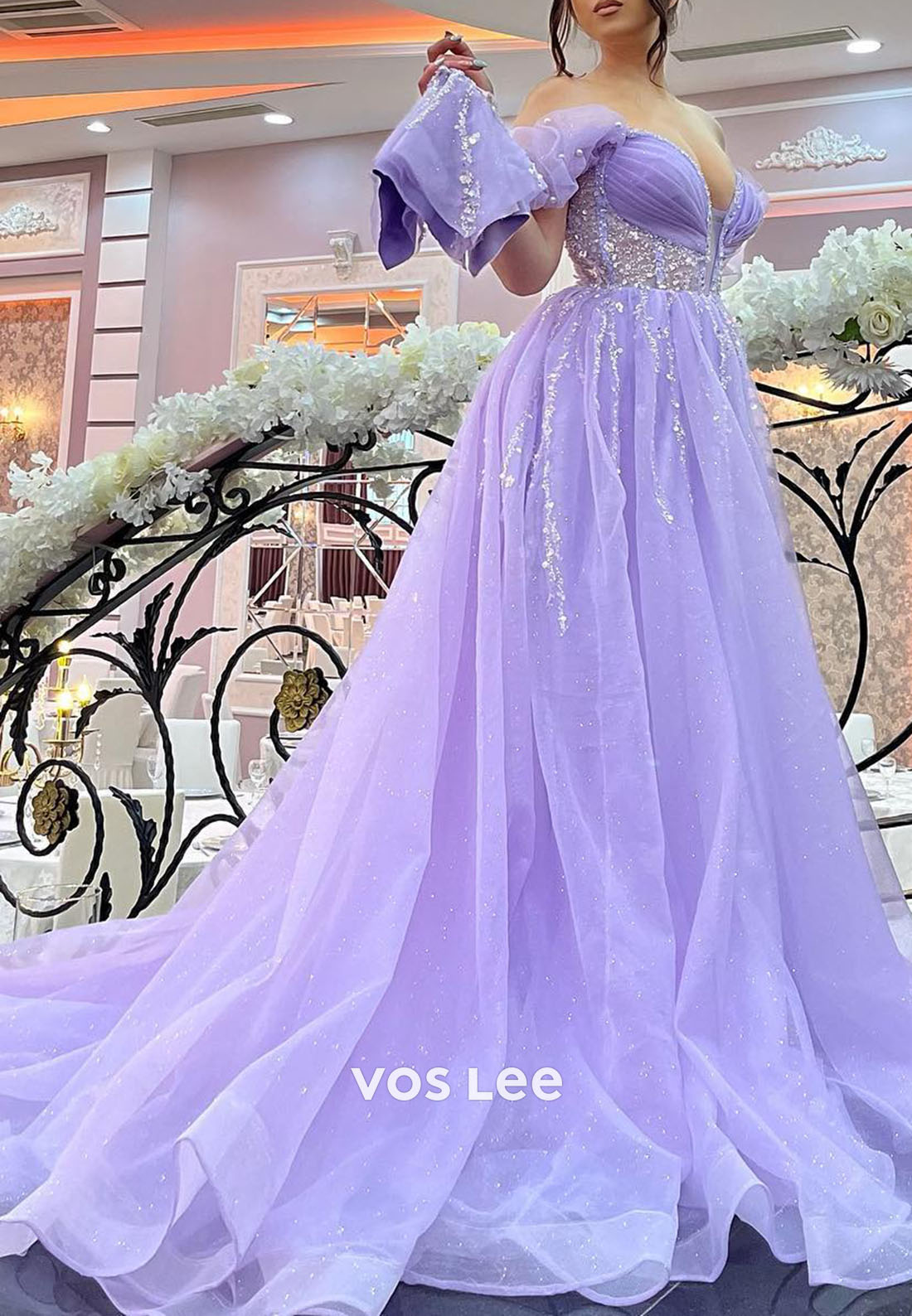 Purple Off Shoulder Beading Sequins A-line Prom Dress Floor Length Formal Dresses